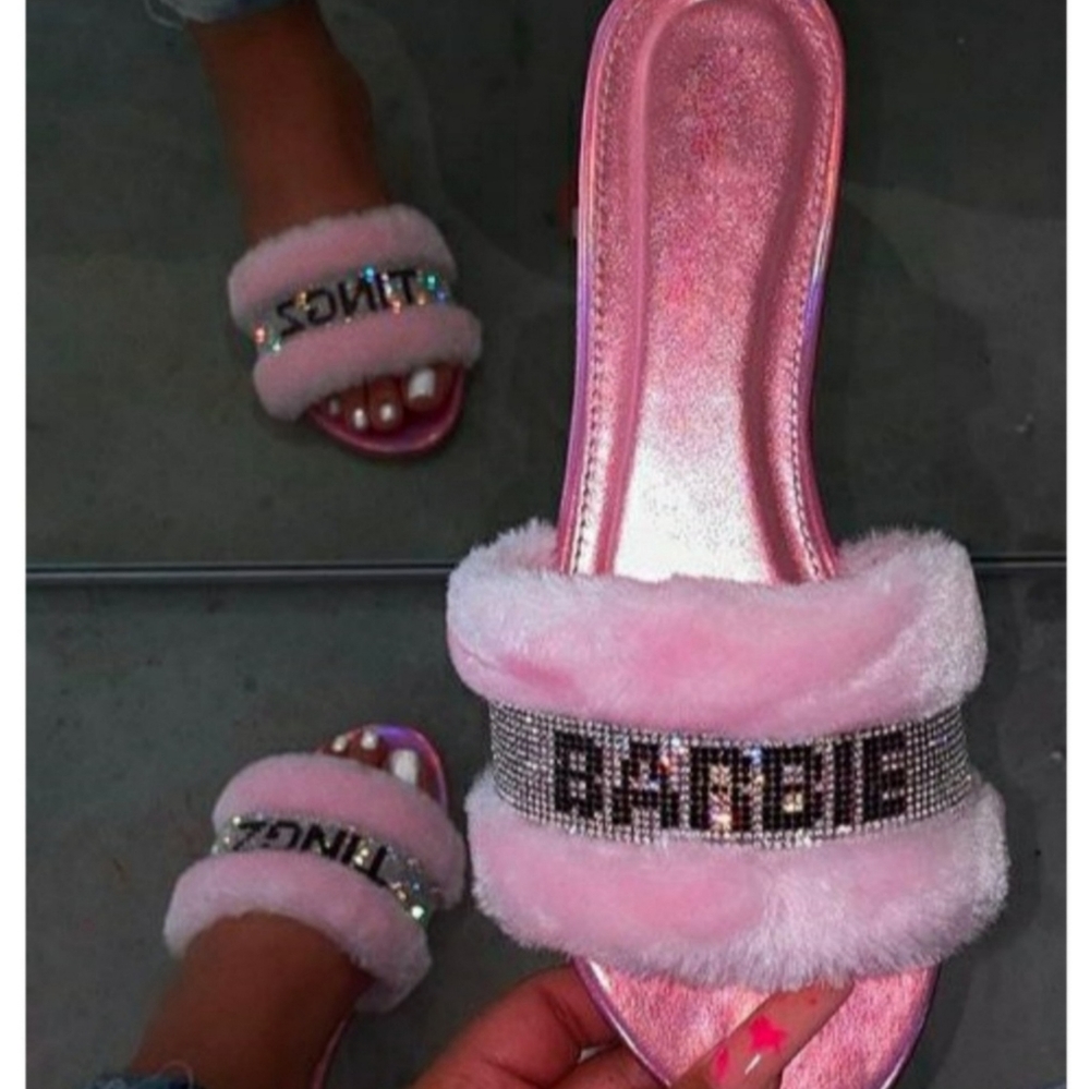 💞Barbie Tingz Rhinestone And Fur Slides